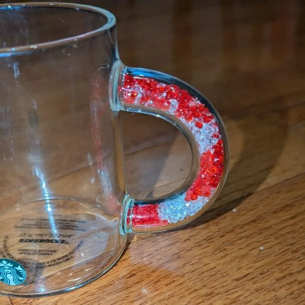 Starbucks Clear Glass Coffee Cup Mug with red‎ & white filled handle